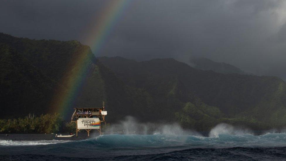 Wooden structure in the sea for judges to watch the surfing competition.