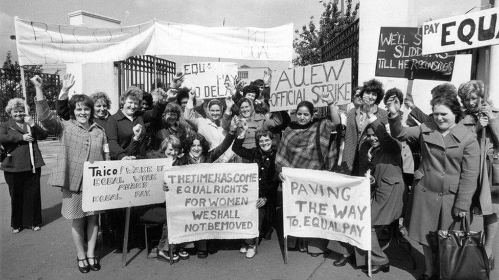 Women campaigning for equal pay outside the Trico factory in London in 1976