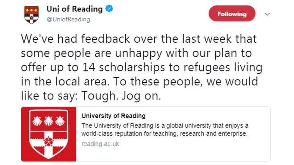 Tweet from Univeristy