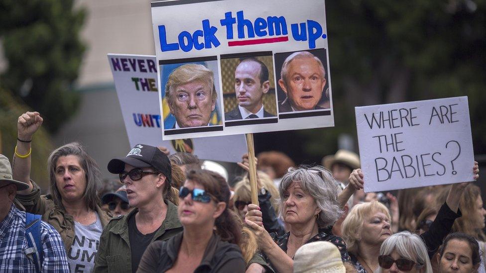 Protesters demand children be reunited with their immigrant parents during a demonstration, June 23, 2018 in San Diego,Â California.