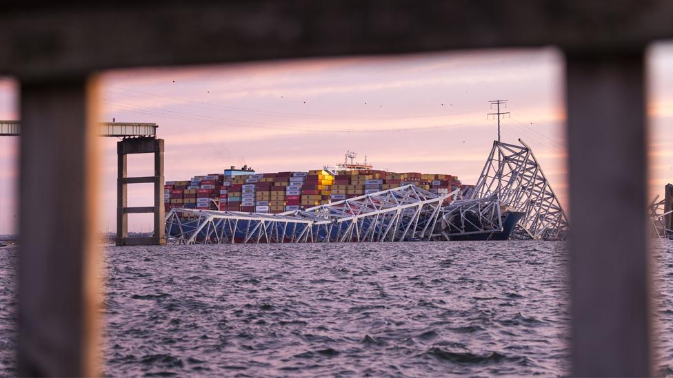 A view of the Dali cargo vessel which crashed into the Francis Scott Key Bridge causing it to collapse in Baltimore, Maryland, US, on 26 March 2024