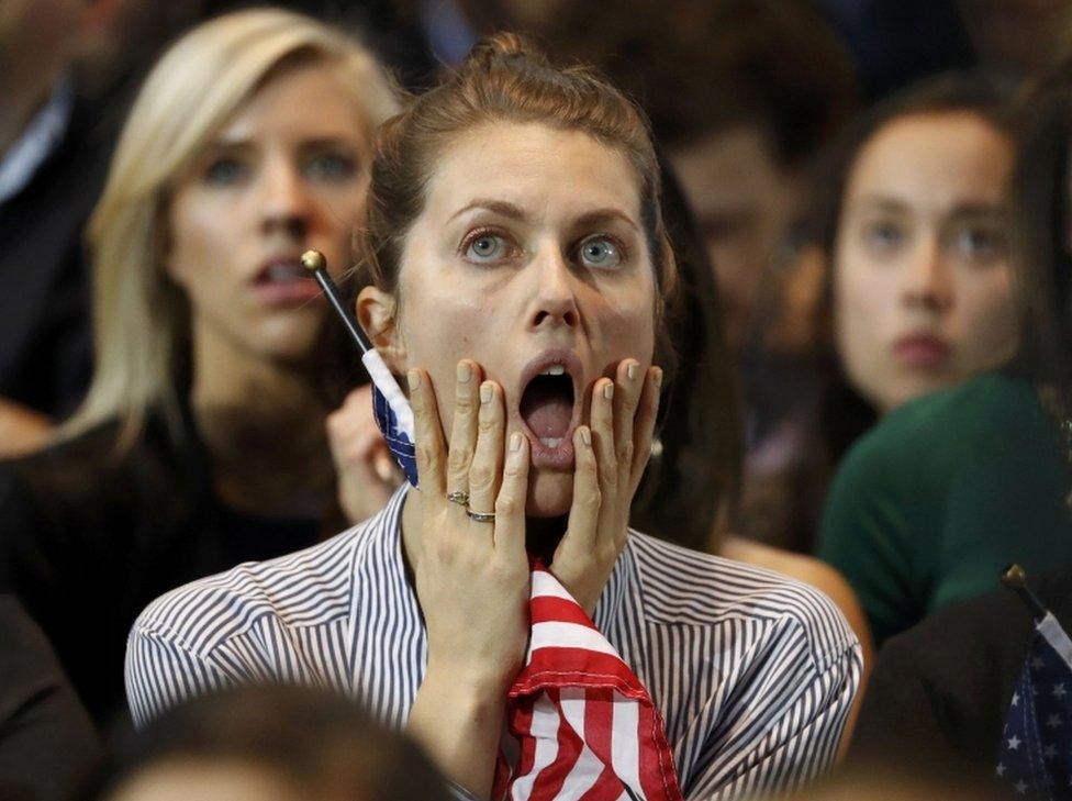 A supporter of Democratic presidential nominee Hillary Clinton reacts at her election night rally in Manhattan, New York, on November 8, 2016.