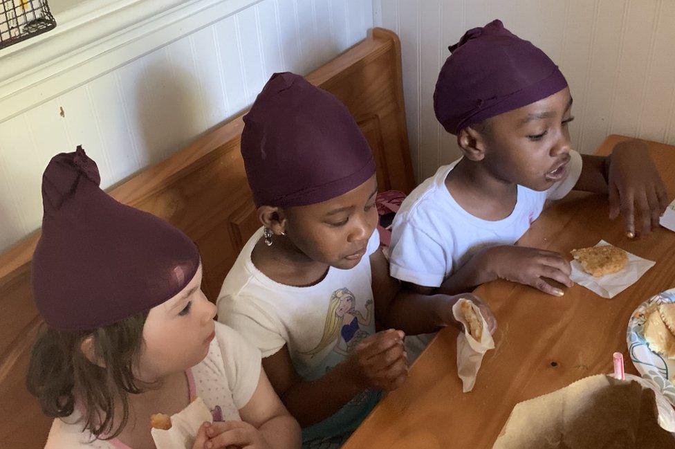 Ella, Ziva, MaKenna wearing stocking caps