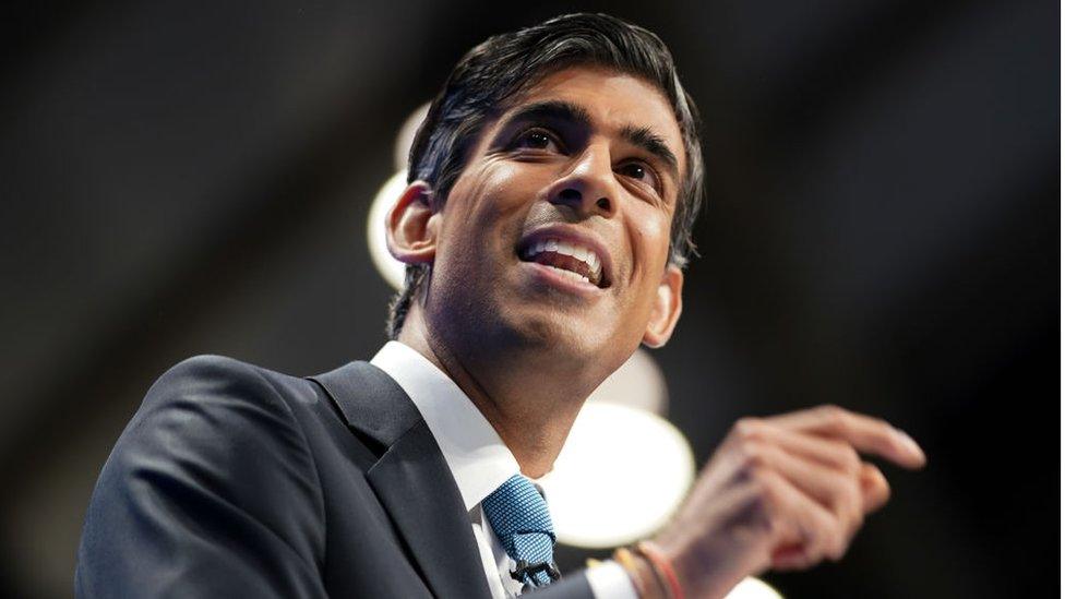 Rishi Sunak, Chancellor of the Exchequer delivers his keynote speech during the Conservative Party Conference.