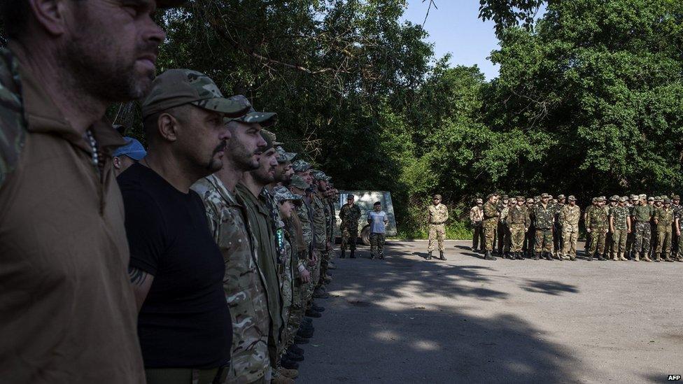 Ukrainian radical nationalist group Praviy Sektor (Right Sector) volunteer fighters stand at attention in eastern Ukraine