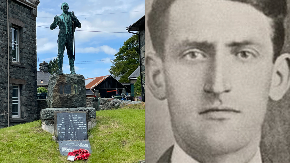 The Hedd Wyn statue and a photo of Hedd Wyn