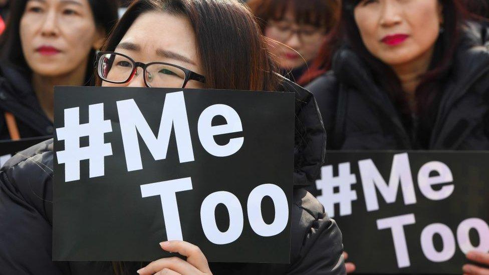 The #MeToo movement has gone viral - pictured are South Korean demonstrators during a rally to mark International Women's Day in Seoul in March