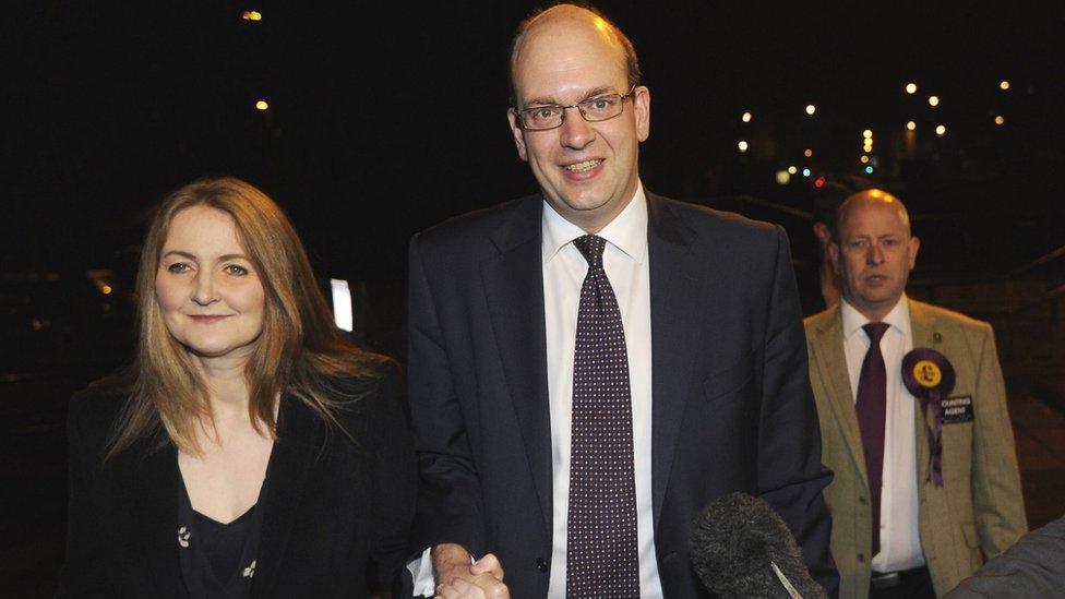 Mark Reckless with his wife Catriona Brown arriving at the Rochester by-election count in 2014