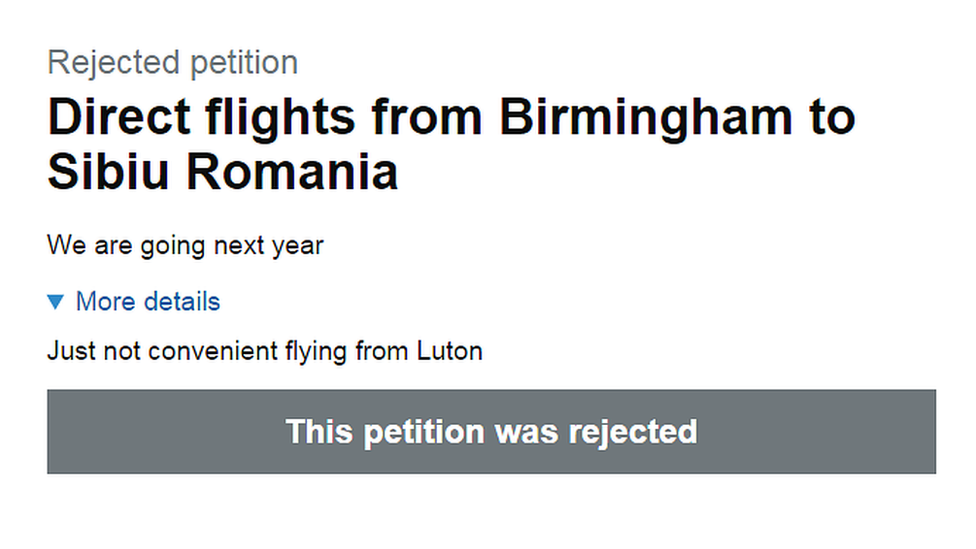 A petition asking for direct flights to Sibiu in Romania because it's not convenient to go via Luton.