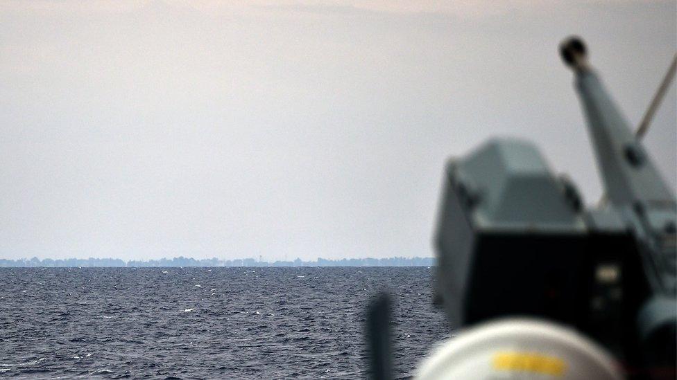 A view of the German navy frigate ship Werra patrolling in front of Libya coast