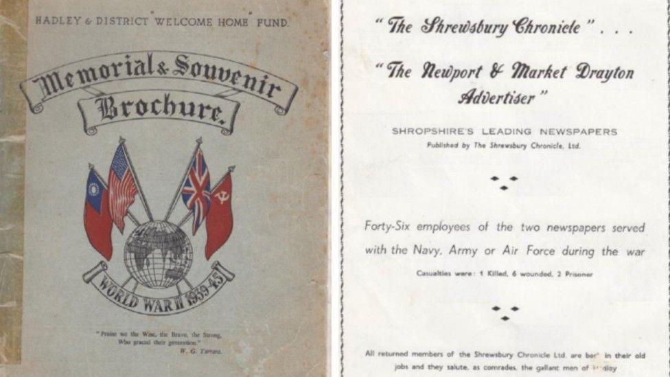 The left image shows the cover of the book. It has a picture of flags over a globe on the front and the title is written in ornamental print. The old brochure appears to have tape down one side and the paper is faded. The right image shows an advert placed by the local newspaper including information about its employees who served in the war.