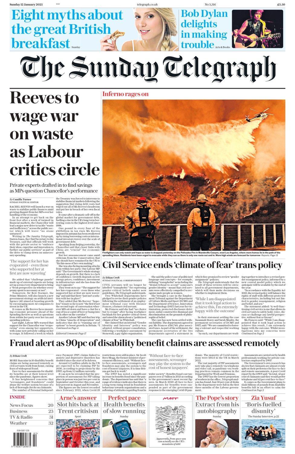 The headline in the Sunday Telegraph reads: Reeves to wage war on waste as Labour critics circle