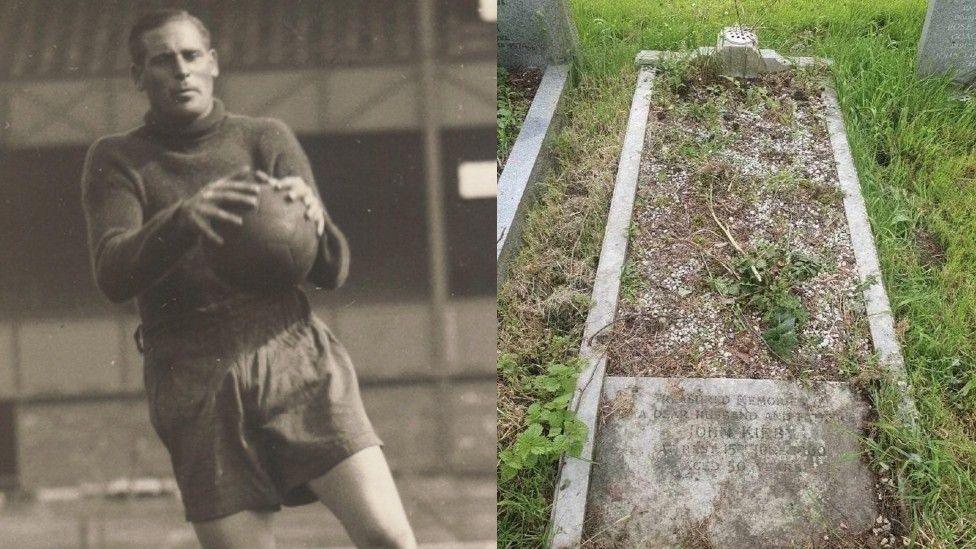 An image of footballer John "Jack" Kirby next to an image of his grave which is overgrown