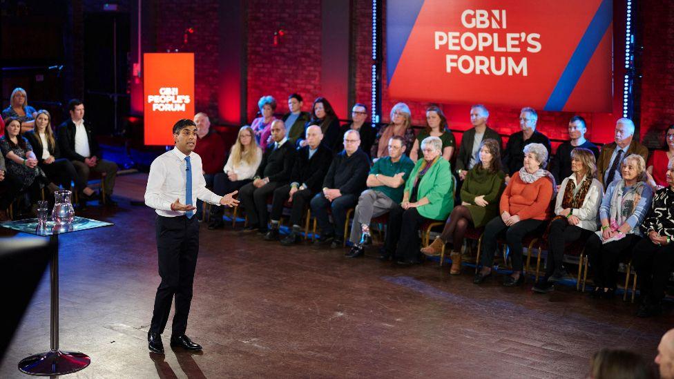 British Prime Minister Rishi Sunak participates in the GB News People's Forum in County Durham, Britain, February 12, 2024