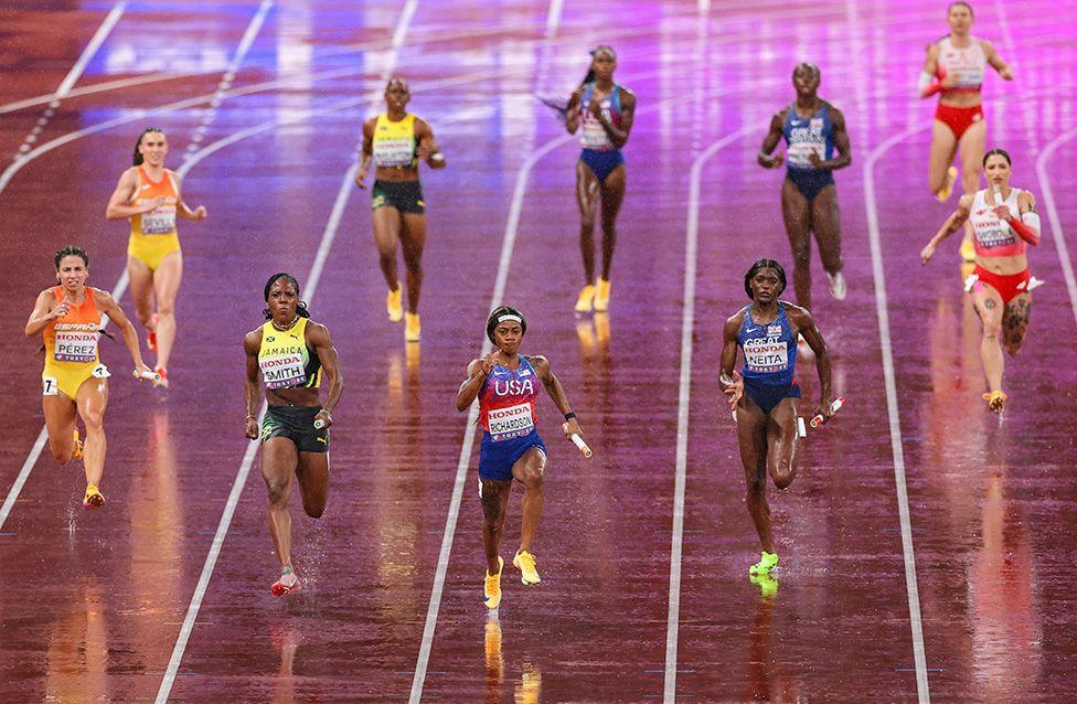 The final stretch of the women's 4x100m relay final at the World Athletics Championships in Tokyo