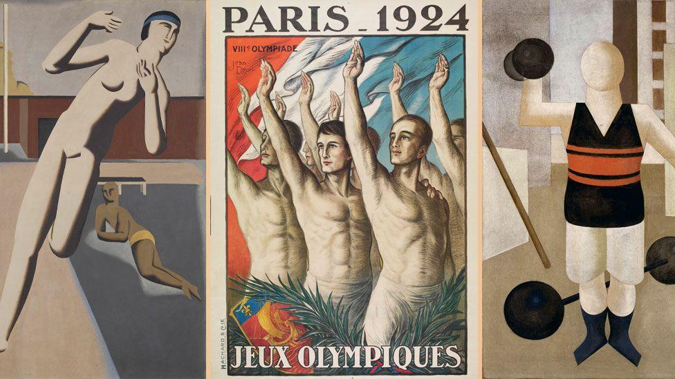 A modernist painting of a running woman (left), a 1924 Olympic poster of several men raising their right arm (centre) and a modernist painting of a gymnast (right)