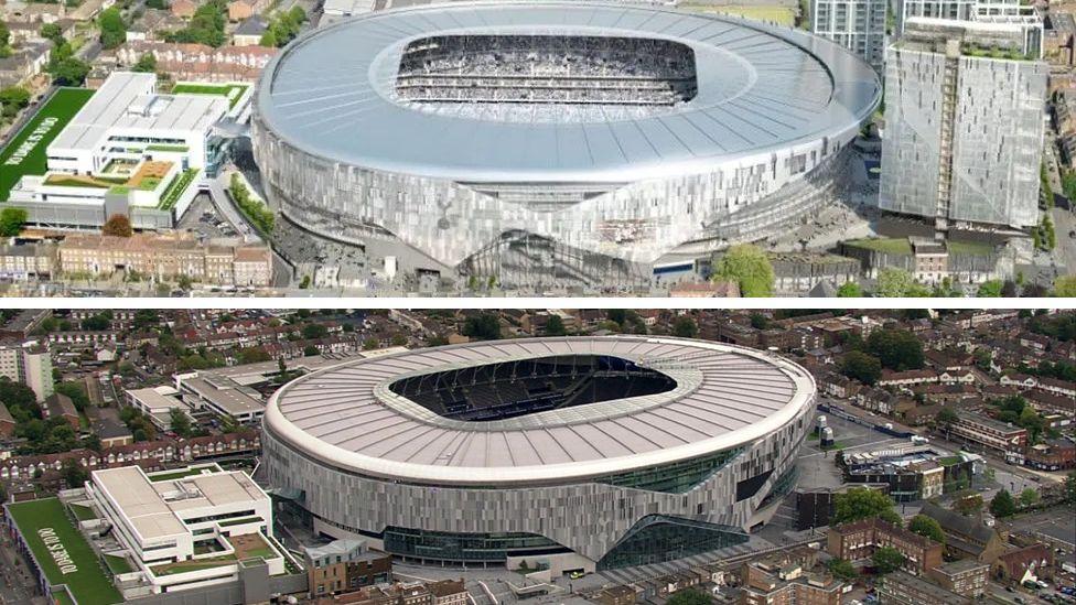 A composite image showing a CGI drawing of Tottenham's new stadium on top with a picture of the final product below