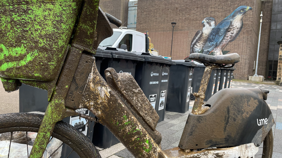 A dirty Lime bike pulled from the River Derwent in Derby