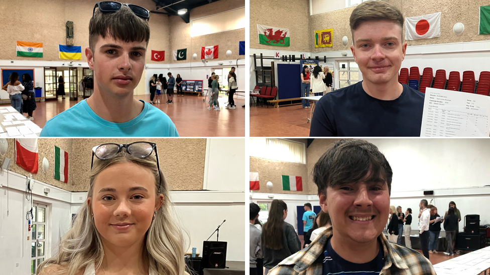 Compilation of Port Talbot students: Noah Robathan (top right) will study maths at Bath University after getting four A* and an A. Harri Turner (bottom right) has a place at Cardiff University to study psychology after getting an A and three Bs. Isabella Thorn (bottom left) will do an apprenticeship with Deloitte with her one A* and three As. Brandon Hookings (top left) is probably going to Loughborough to study maths with two A* and two Bs. 