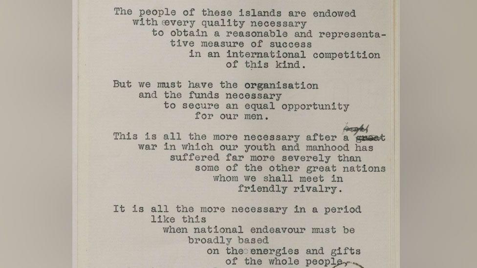 A sepia-toned close up of a paper upon which a speech by Winston Churchill was typed, including handwritten correction in black