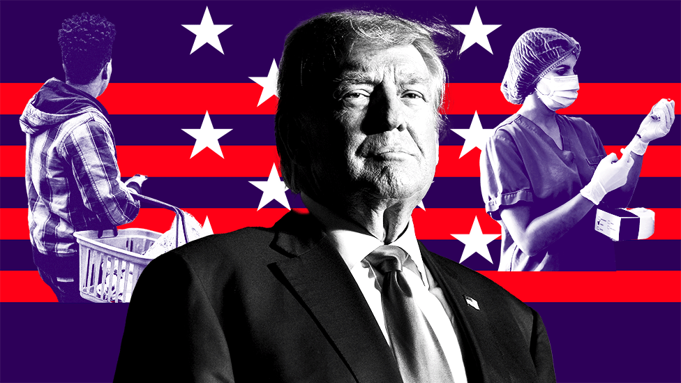 Stylised image of Donald Trump in black and white on a striped and starred background