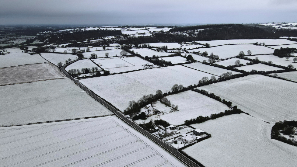 Drone shot of snow covered fields in Kilkenny