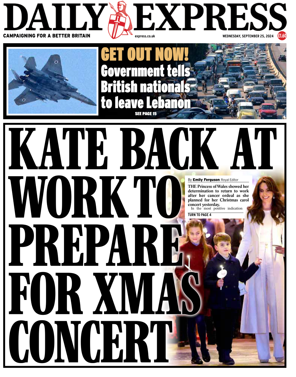 The front page of the Daily Express. The headline reads: 'Kate back to work to prepare for Xmas concert'.