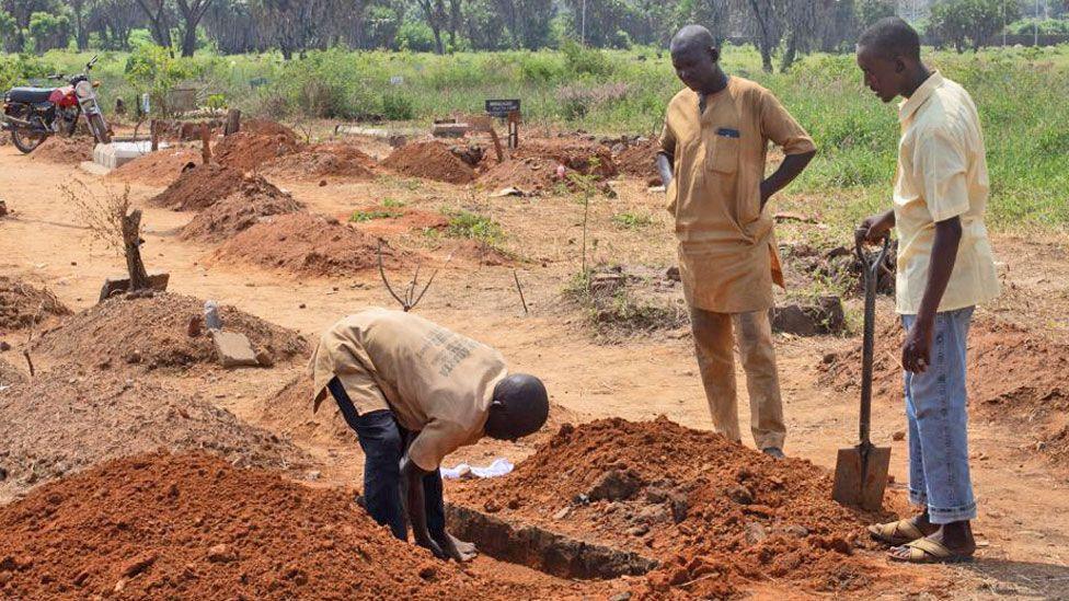 One man in a grave digging as two others look on in Tudun Wada graveyard in Kaduna state, Nigeria