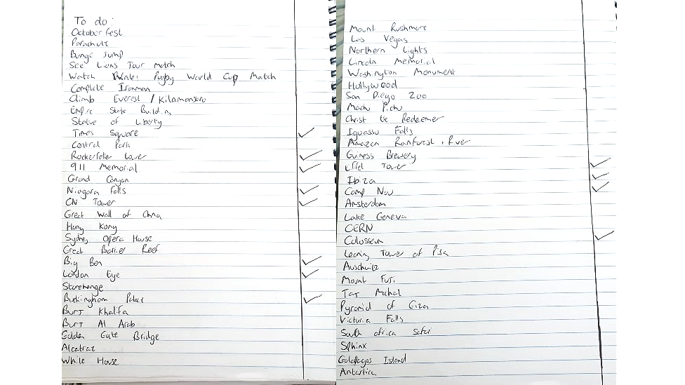 A picture of two lined pieces of paper. There is a handwritten list across the two pages of different tourist sights and experiences from across the world. Twelve have a tick next to them.
