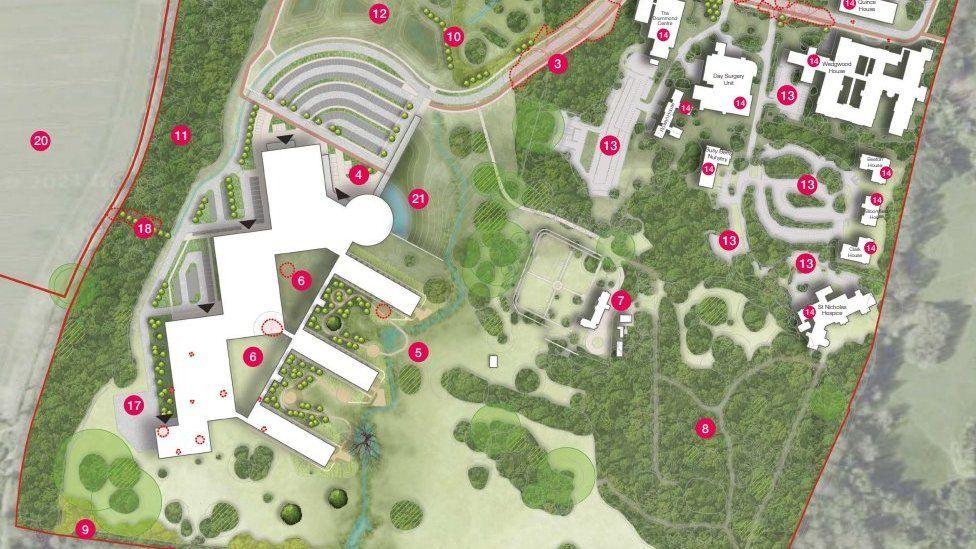 An artist's impression of what the replacement West Suffolk Hospital in Bury St Edmunds could look like. It gives a bird's eye view of the hospital with several new buildings and green areas.