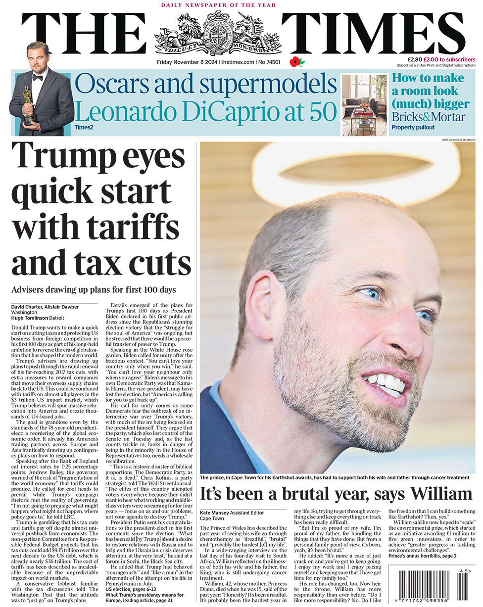 The headline on the front page of the Times reads: "Trump eyes quick start with tariffs and tax cuts"