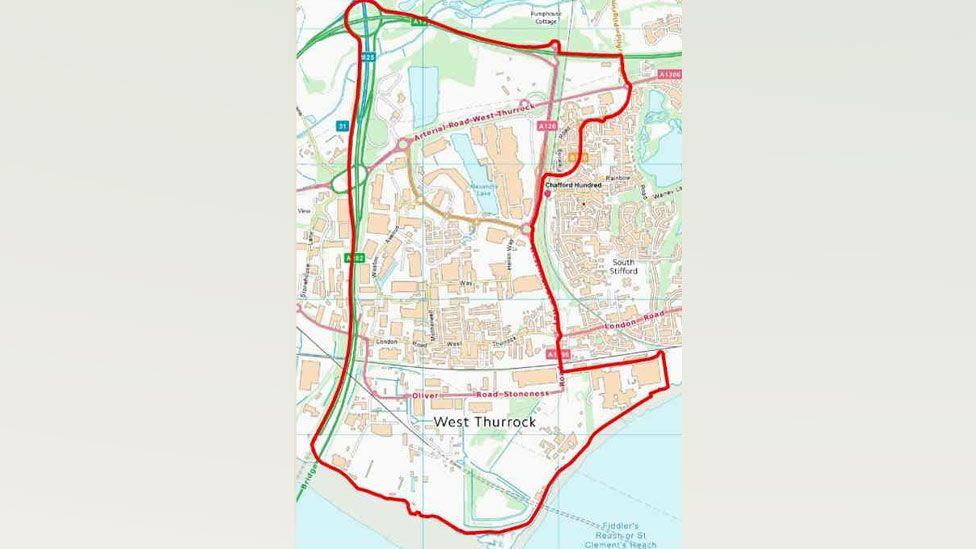 A map of West Thurrock. A red line has been added to its roads showing the area covered by the Public Space Protection Order