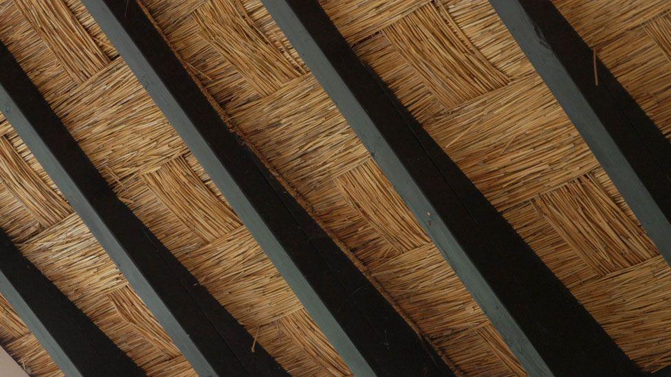 The underside of a thatched roof, in between black wooden beams. The underside reeds or straw are neatly cross-hatched 