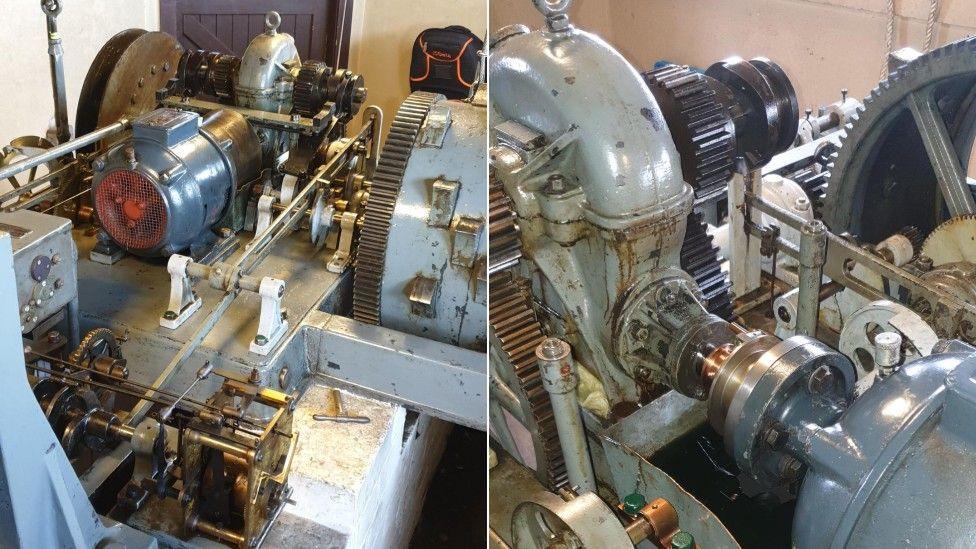 A composite image showing two views of the clock's mechanism, an industrial looking set of large cogs, rods and wheels roughly the size of a double bed