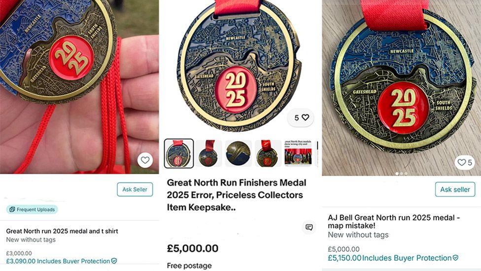 A composite image showing three medals - each with the date 2025 and showing an aerial view of a map of Sunderland with the words Newcastle, Gateshead and South Shields. Each medal is part of an online selling platform advert, with descriptions describing them as a "map mistake" medal or a "error, priceless collectors item keepsake". Two are being sold for £5,000 and one for £3,000.