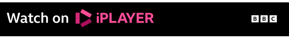 Horizontal black banner with Watch on iPlayer written on it in white and pink writing. The BBC logo is on the right hand side - B B C in blocks.