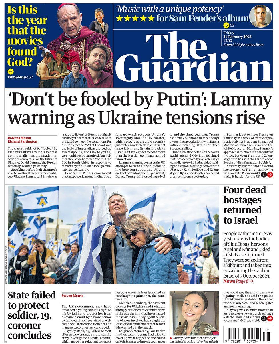 Guardian headline reads: 'Don't be fooled by Putin': Lammy warning as Ukraine tensions rise