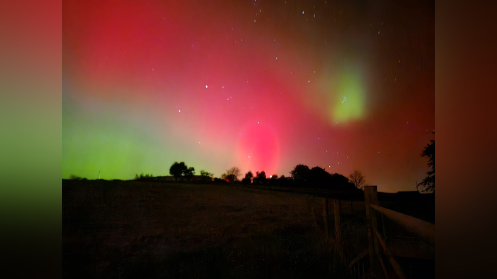 A very bright Northern light picture with a mix of light green and bright pink/red, trees again beneath it as silhouettes