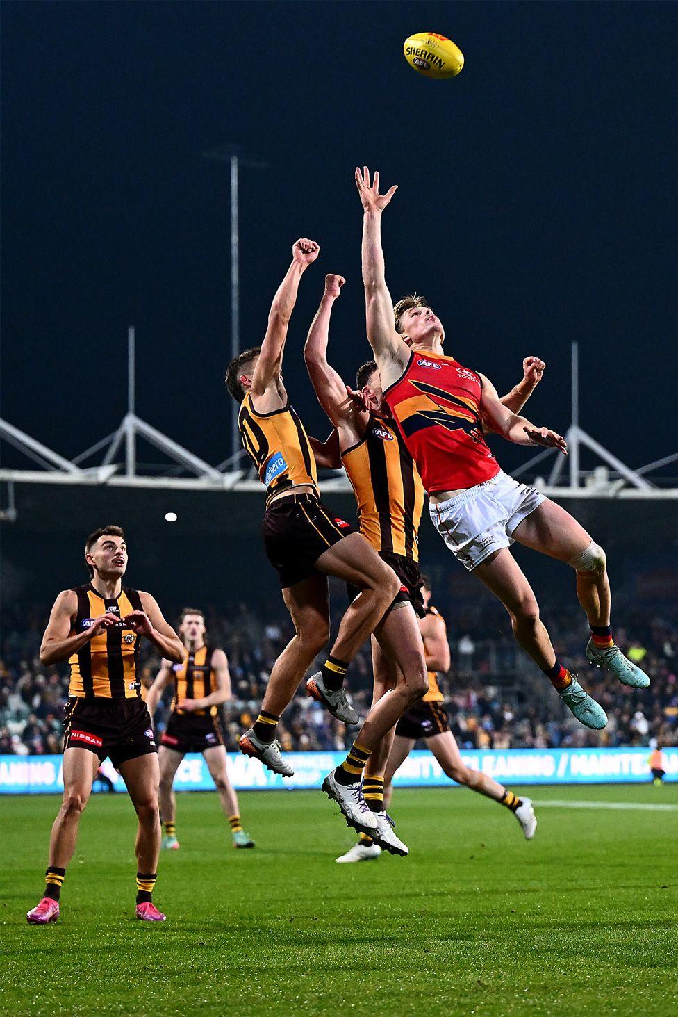 Daniel Curtin and Sam Butler compete for the ball during the match between Hawthorn Hawks and Adelaide Crows at the University of Tasmania Stadium in Launceston. Photo by Steve Bell