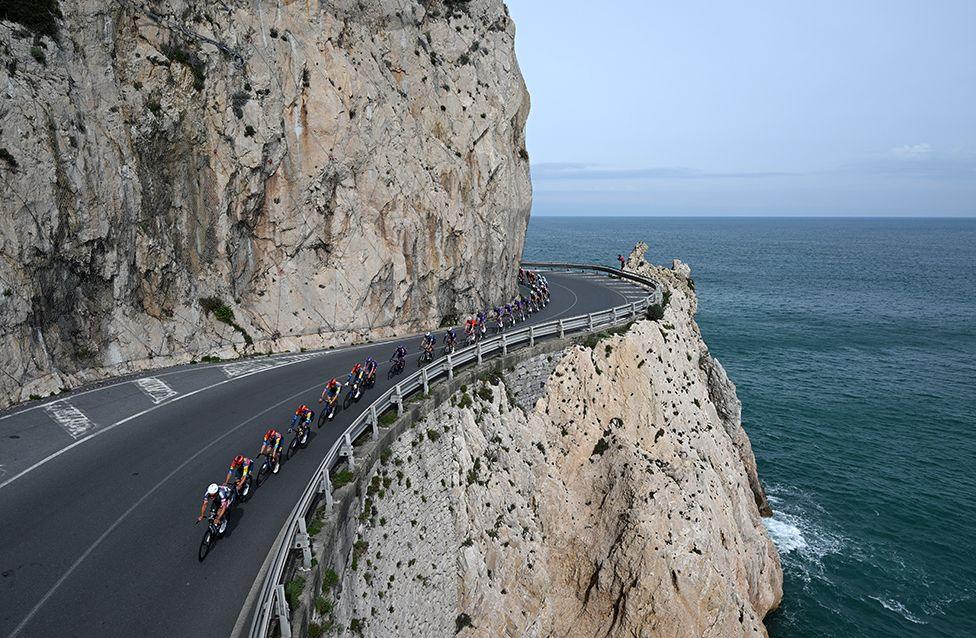 A general view of the peloton competing during the 116th Milano-Sanremo, a 289km one-day race from Pavia to Sanremo on 22 March.