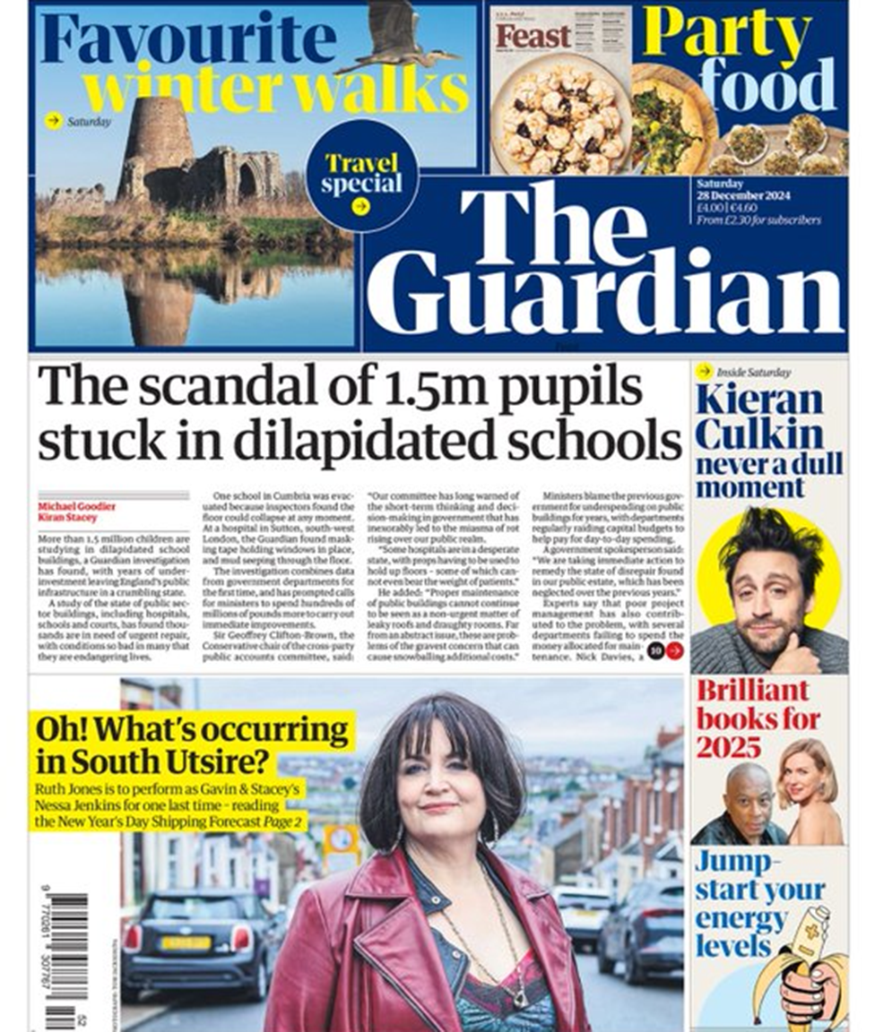 The Guardian headline reads: "The scandal of 1.5m pupils stuck in dilapidated schools"