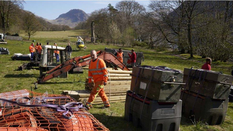 Disassembled machinery parts ready to transport to Scafell Pike