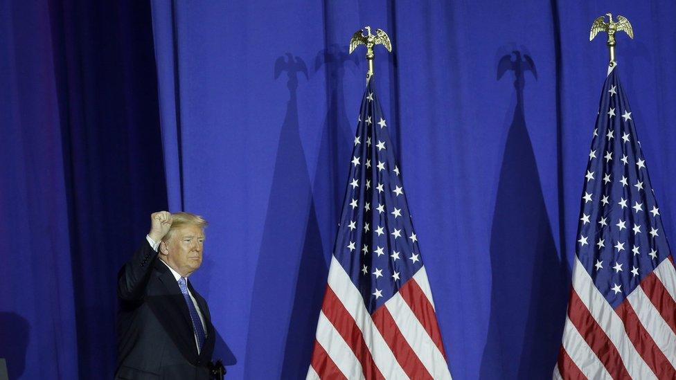 U.S. President Donald Trump acknowledges the crowd after speaking at the Indiana State Fairgrounds & Event Center September 27, 2017 in Indianapolis, Indiana. Trump spoke about his Republican tax plan.