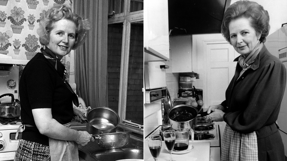 On the left is Margaret Thatcher in the kitchen of her London home shortly before becoming Tory leader in 1975 (PA) On the right is Margaret Thatcher in her Downing Street kitchen in 1987 (PA)