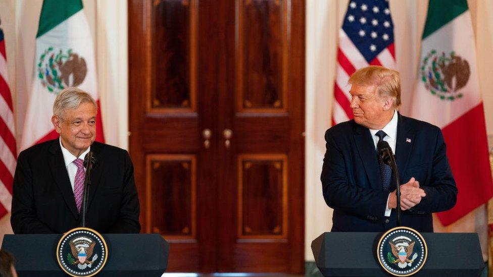 President Andrés Manuel López Obrador of Mexico and U.S. President Donald Trump speak before a working dinner at the White House July 8, 2020