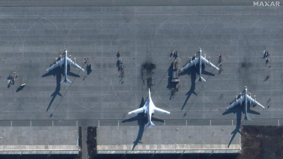 A satellite image shows strategic bomber aircraft at Russia's airfield in the Saratov region that was reportedly attacked on Monday