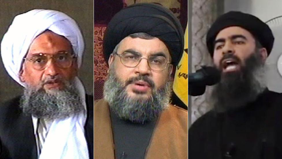 Al-Qaeda's Ayman al-Zawahiri (left) Hezbollah leader Hassan Nasrallah and Abu Bakr al-Baghdadi of the so-called Islamic State