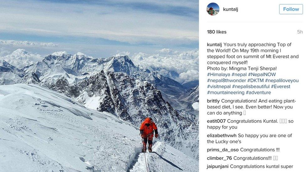 Instagram post by Kuntal Joisher showing him on Everest, saying: "Yours truly on top of the world" - 19 May 2016