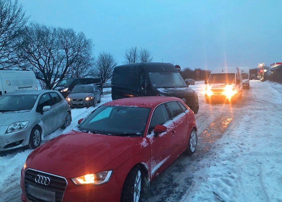 Queue of cars on the A303 between Ilminster, Somerset and Mere