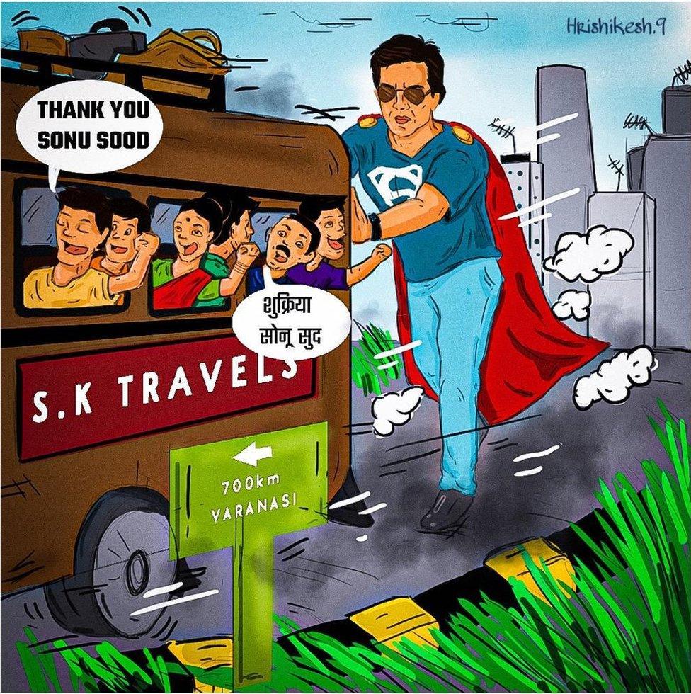 A cartoon depicting Sonu Sood as Superman